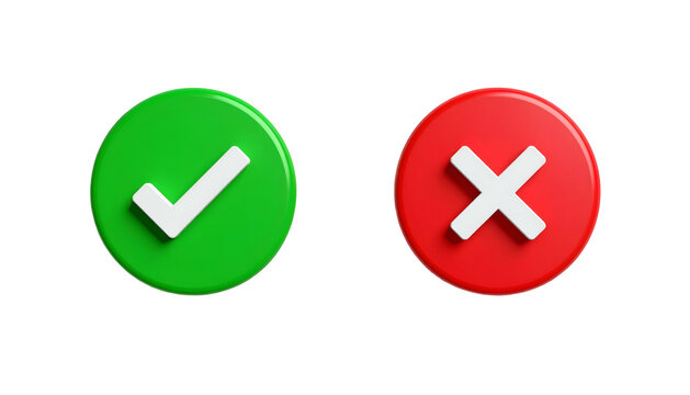 A pair of 3D, glossy icons; a green checkmark and a red "X" set against black