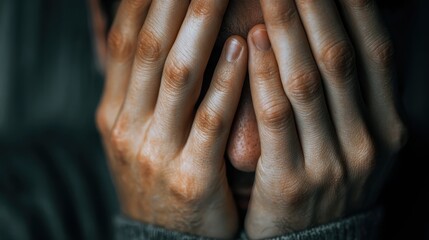 Stress, anxiety and hands of nervous person with worry, fear or abuse in closeup, home or danger. Depression, lonely and scared victim with phobia, mistake or emotional crisis with gesture or trauma