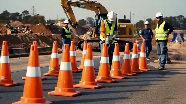 Construction workers in hard hats and vests directing traffic with road cones on a highway with an excavator in the background