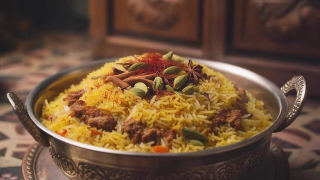 Dish of yellow rice with meat and pistachio on ornate metal tray