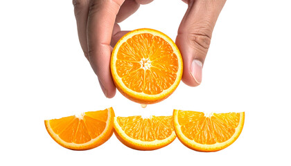 Hand holding a sliced orange segment with three segments below against a black background