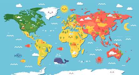 Funny cartoon world map vector design, colorful educational geography illustration for children and school projects. © Yanochka