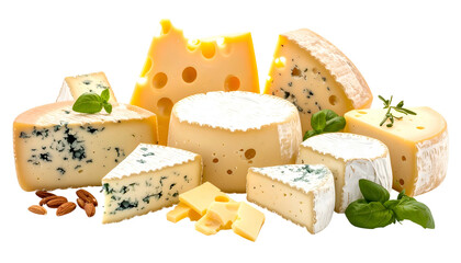 Assortment of diverse cheeses, some with mold, arranged with herbs and almonds