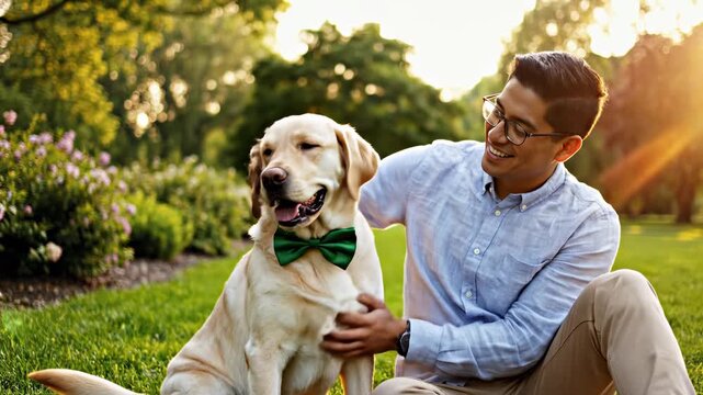 Man sitting on grass in park smiles at dog with bowtie, embodying outdoor friendship and leisure, highlighting human-animal connections, positive relationships and wellness.