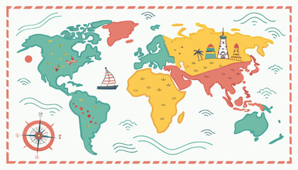 Colorful kids cartoon world map vector, simplified global geography design with animals and landmarks. © Yanochka