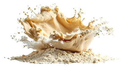 Dynamic image depicts a creamy, tan-colored substance erupting from a pile of powder