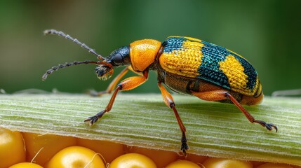 Southern Corn Rootworm beetle eating kernels on ear of corn. Agriculture pest control, insect damage and farming insecticide concept.