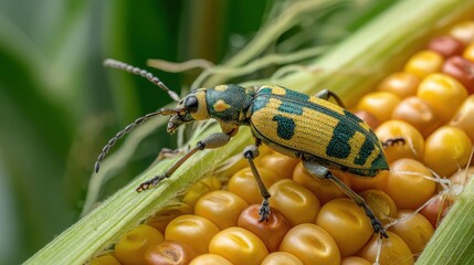 Southern Corn Rootworm beetle eating kernels on ear of corn. Agriculture pest control, insect damage and farming insecticide concept.