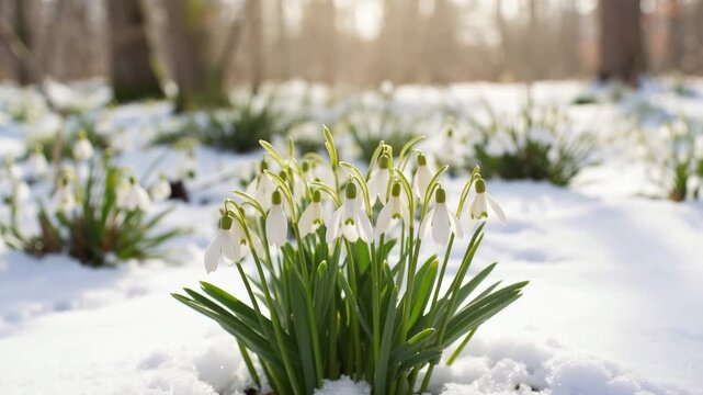 Hands in white fluffy heart-shaped mittens open up and a bush of white snowdrops appears. Snowdrop Day.