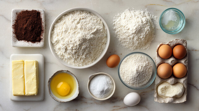 Ingredients for baking a cake are arranged on a marble countertop
