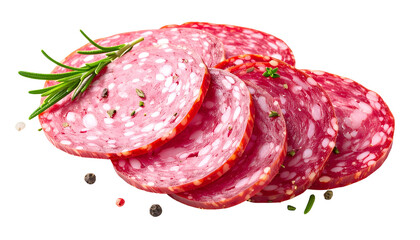 Close-up of sliced sausage garnished with herbs and peppercorns on a transparent background