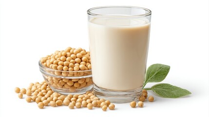Soy milk with soybeans isolated on white background.