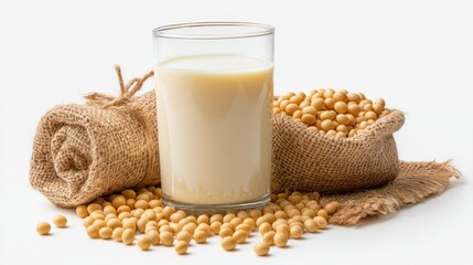 Soy milk with soybeans isolated on white background.