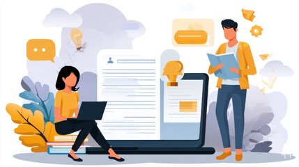 social media online content, freelance worker, working online, content creator, woman using laptop, man reading blog online on computer