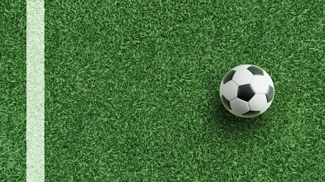 4K soccer field sideline background with ball on grass, alpha channel overlay ready, large copy space for text and titles, sports motion graphics footage