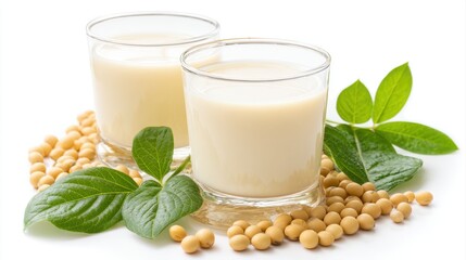 Soy milk with soybeans isolated on white background.