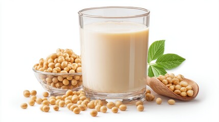 Soy milk with soybeans isolated on white background.