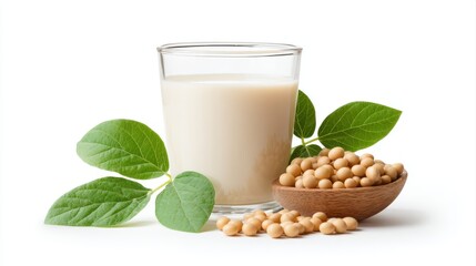 Soy milk with soybeans isolated on white background.