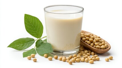 Soy milk with soybeans isolated on white background.