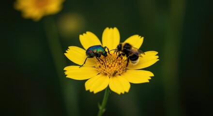 A colorful hard-shelled beetle rests near a fuzzy striped bumblebee collecting pollen on a bright yellow wildflower in a summer meadow ,vibrant ,antennae ,wing