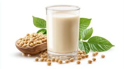 Soy milk with soybeans isolated on white background.