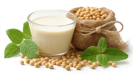 Soy milk with soybeans isolated on white background.