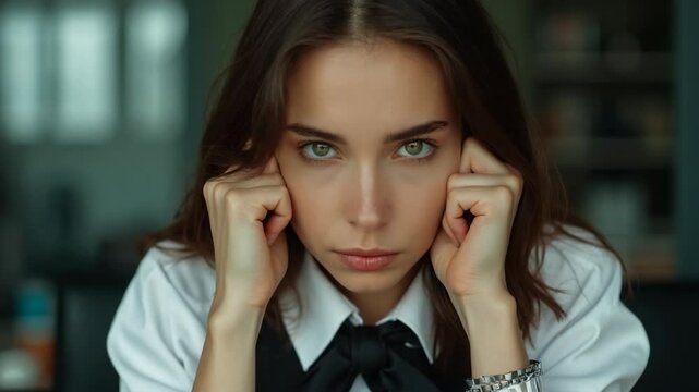 Close up shot beautiful she her business lady hands arms hold head chin not satisfied face look up check wall clock running of time all late meeting sit office chair wearing formal wear sui.