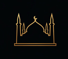 Golden line art mosque skyline icon with crescent moon. Islamic architecture symbol isolated on black background.