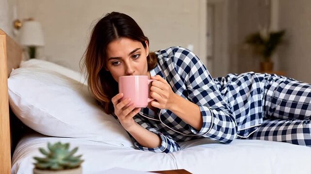 Woman in pajamas reaching for phone on bedside table