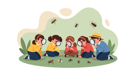 Naklejka premium Children Discovering Insects with Magnifying Glasses Outdoors.