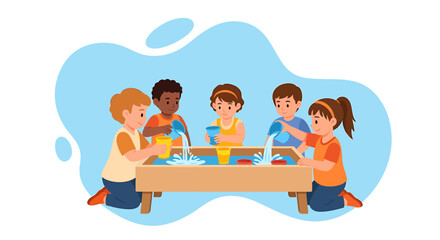 Diverse group of young children playing together at a water table.