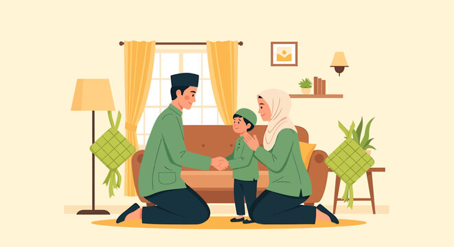 Muslim family celebrating Eid al-Fitr together at home.