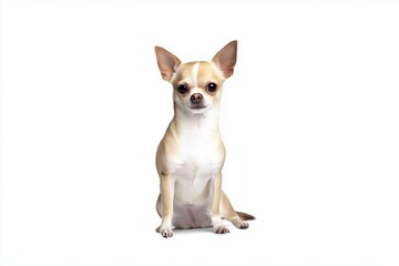 Obraz premium Small chihuahua sits on a white background looking straight ahead with ears perked up and body upright