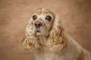 Dog Cocker Spaniel looks at the camera with curious expression in a studio setting during daytime with neutral background