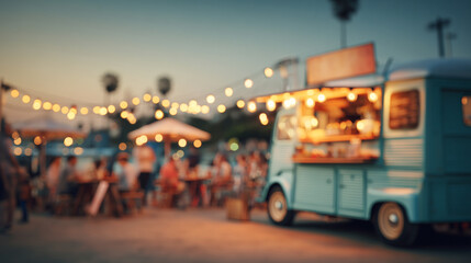 A blue food truck parked at an outdoor festival with string lights