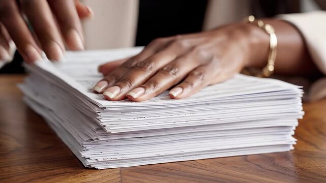 financial planning debt tools concept. Hands resting on a large stack of folded newspapers on a wooden table.