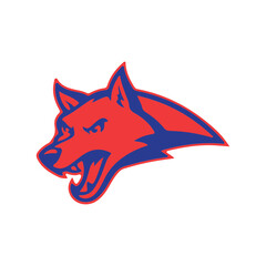 Obraz premium A stylized illustration of a fierce red and blue wolf head mascot logo design on a white background