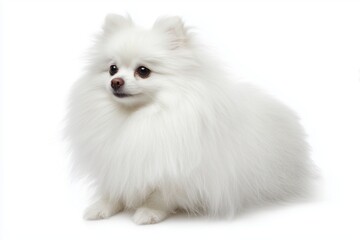 Fototapeta premium White fluffy Pomeranian dog sits calmly on a plain background during a studio session