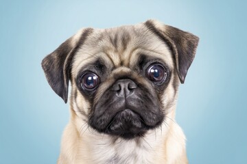 Obraz premium Pug with big eyes looks directly at the camera against a light blue background in a studio setting