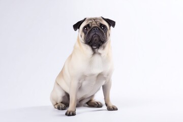 Fototapeta premium Pug sitting on a white background looking at the camera with a curious expression during a studio session