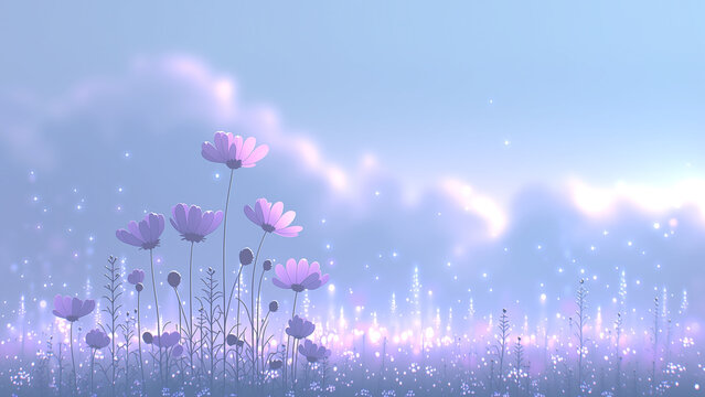 紫色の花が広がる幻想的でソフトな野原の風景背景