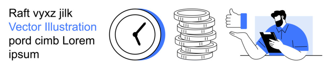 Time management, business efficiency, financial planning, productivity tools, work evaluation, organization habits. A clock, coin stack and person writing. Time management and business efficiency