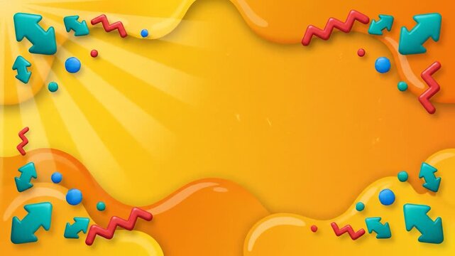 Vibrant orange and yellow abstract background with playful shapes and sun rays