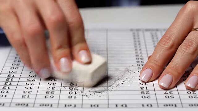 financial planning debt tools concept. Hands erasing pencil marks on a printed financial spreadsheet with an eraser.
