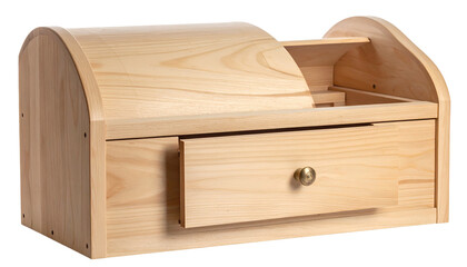 A light wood cabinet with drawer, shelf, and arched top