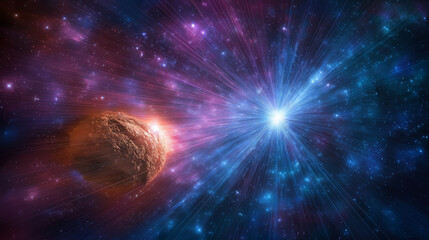 Obraz premium Epic Space Abstract Background Featuring a Burning Comet and Celestial Flash with Blue and Purple Starfield Galaxy