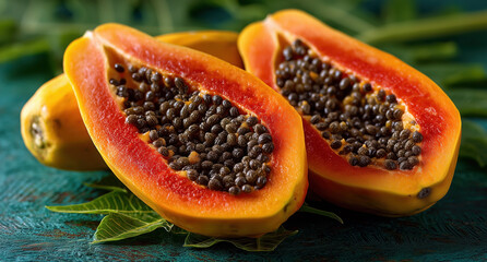 Ripe sliced papaya with seeds on tropical leaf background showing vibrant exotic fruit freshness and nutrition