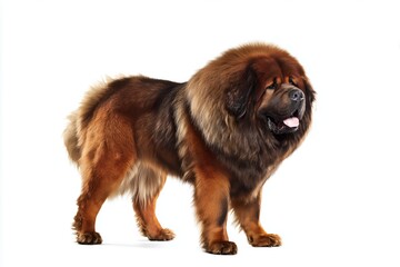 Tibetan mastiff stands proudly on a plain white background showing its thick fur and strong build during a studio session