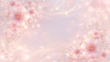 柔らかなピンクの背景に咲く桜と優雅な曲線デザイン