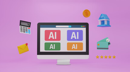 3D Illustration of AI-Powered Fintech and Digital Banking Concept, Artificial Intelligence in Finance with Calculator, Bank Building, Credit Card, Coins, Calendar 2026, Rating Stars and Search Bar, 